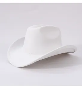 Classic white western cowboy hat featuring rolled brim and retro felt texture detail view.