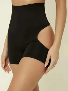 High-waist black shaping shorts detail, hollow out design for tummy control and butt lifting.