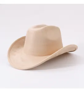 Detailed view of beige suede cowboy hat, vintage rolled brim fedora for outdoor riding.
