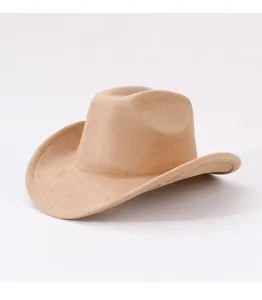 Close up detail of khaki suede cowboy hat showing fine texture and rolled brim design.