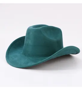 Detailed close-up view of the dark green suede texture and curved brim on this cowboy hat.