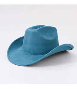 Blue suede cowboy hat detail showing soft texture, rolled brim, and classic western vintage style.