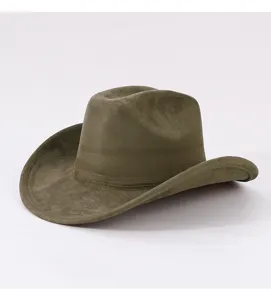 Olive green suede cowboy hat detail, showing curved brim and vintage fedora texture.