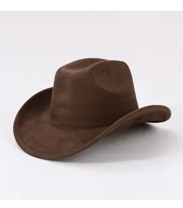Brown suede western cowboy hat with retro rolled brim, perfect for outdoor and daily wear.