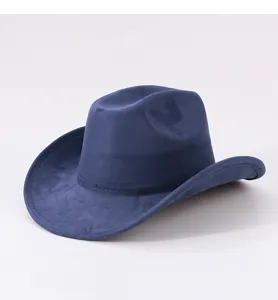 Detailed close-up of the dark blue suede cowboy hat, showing its curved brim and soft texture.
