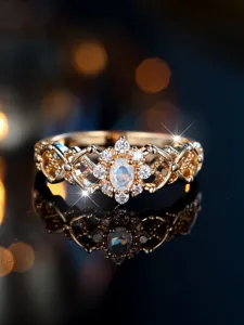 Detailed macro view of vintage gold filigree ring with oval moonstone and diamond halo