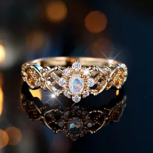 Elegant vintage gold filigree ring featuring an oval moonstone center with halo