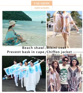 Lifestyle collage showing women wearing lightweight printed chiffon beach shawls outdoors.
