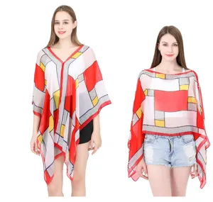 Lightweight chiffon sun protection shawl featuring bold red and yellow geometric patterns
