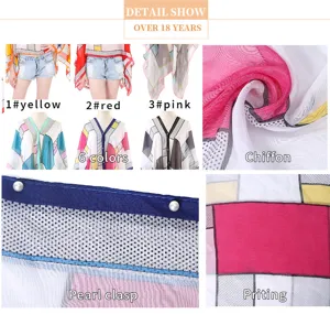 Detail view of multicolored checkered chiffon sun protection shawl with pearl clasp closure