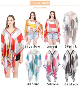 Variety of geometric pattern chiffon sun protection shawls in multiple vibrant colors