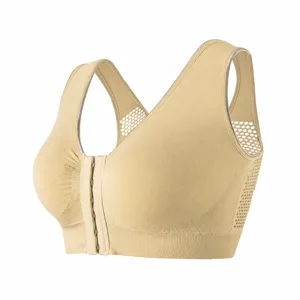 Seamless front closure sports bra for women, breathable mesh padded wireless yoga underwear.