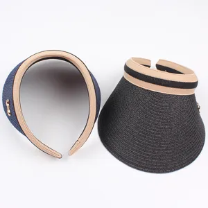 Chapeau de soleil de paille vide d'été pour femmes avec grand bord et nœud en métal.