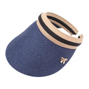 Femme été paille visière chapeau haut vide avec noeud en métal protection UV plage