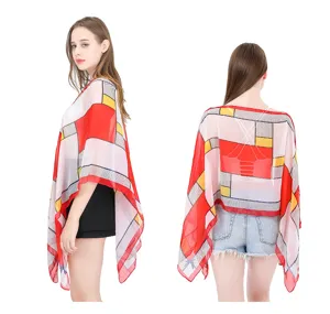 Faux silk geometric pattern sun protection shawl for women, side and back views