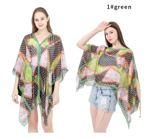 Two models showing ways to wear the green floral print sheer chiffon shawl with pearl buckle