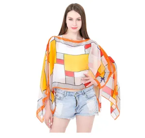 Summer geometric checkered sunscreen shawl in vibrant colors with button closure detail