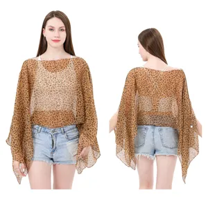 Front and back views of leopard print faux silk bikini cover-up shawl for beach sun protection