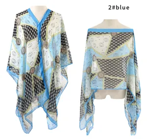 Blue printed chiffon sunscreen shawl with pearl buckle details on mannequin