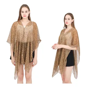 Leopard print faux silk bikini cover-up shawl shown in front and side views for beachwear