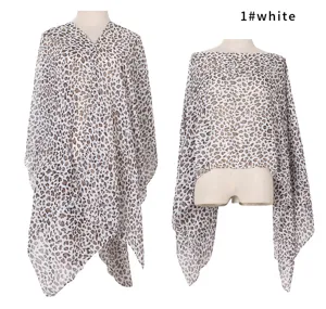 Detail view of a leopard print faux silk bikini cover-up shawl in 1#white style