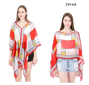 Red checkered sun protection poncho shawl worn by models for summer sunshade