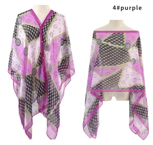Purple printed chiffon shawl wrap with pearl buttons for sun protection and fashion.