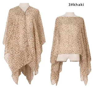 Detail showing leopard print chiffon shawl in khaki, perfect for summer bikini cover-up
