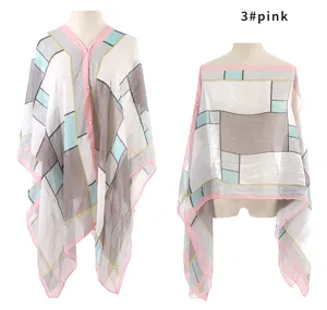 Summer plaid sunscreen shawl with buttons in pink faux silk material