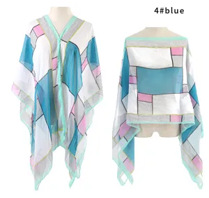 Detailed views of the 4#blue geometric pattern sun protection shawl with button closure