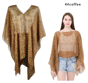 Leopard print chiffon beach bikini cover-up shawl shown on model and product flat lay.