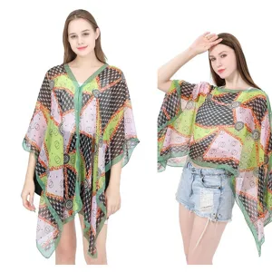 Floral printed imitation silk sunscreen shawl with pearl buckle for women