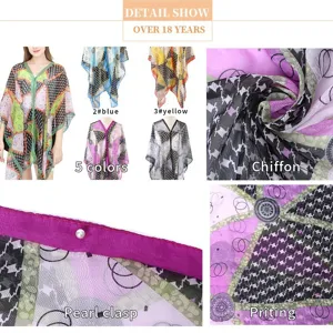 Printed sun protection chiffon shawl with pearl clasp, elegant geometric patterns