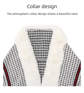 Detalle del elegante cuello de piel sintética blanca en un poncho de pata de gallo