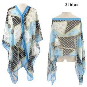 Blue geometric printed imitation silk shawl featuring elegant pearl buckle closure