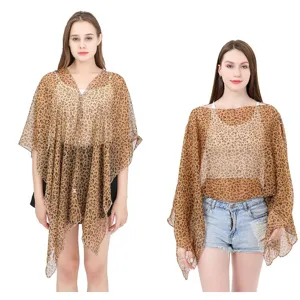 Leopard print silk-like bikini cover-up shawl for summer sun protection beachwear