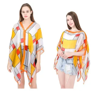 Colorful geometric plaid sunscreen shawl with button closure for summer beach wear