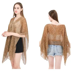Fashionable leopard print chiffon bikini cover-up and lightweight summer sun protection shawl