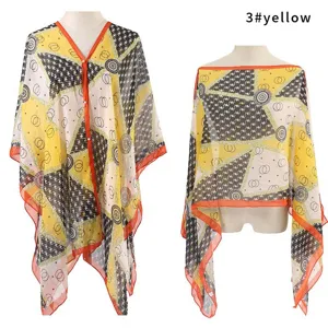 Elegant yellow floral printed chiffon shawl with pearl buckle for sun protection