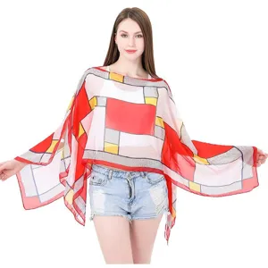 Stylish geometric pattern sun protection shawl, lightweight faux silk cape for summer