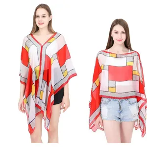 Geometric lattice sunscreen shawl with buttons, faux silk sun protection poncho for women
