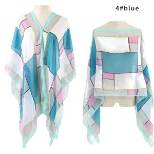 Summer checkered sun protection shawl in blue geometric pattern made of lightweight silk