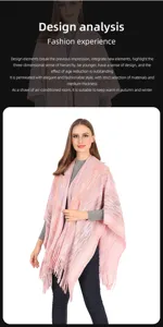 Detailed close-up showing the soft texture of a warm knitted pink shawl poncho with tassels