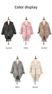 Color display of women's knitted fringed poncho shawl in five neutral and pastel shades.