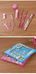 10-teiliges Schreibwarenset für Kinder mit Cartoon-Motiven in Rosa und Blau