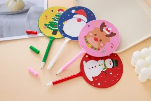Detail view of creative Christmas fan pens featuring Santa, reindeer, and snowman motifs.