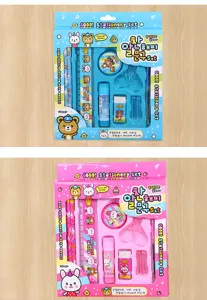 Süßes 10-teiliges Schreibwaren-Set mit Cartoon-Motiven in Pink und Blau für Schulkinder