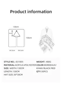 Detailed product information with dimensions and specifications for the knitted shawl