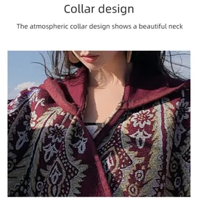 Close-up of the stylish collar design on a bohemian faux cashmere hooded poncho cloak for women