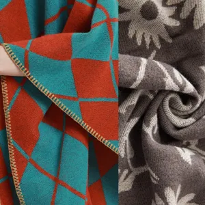 Detailed texture of women's warm knitted poncho with geometric and floral patterns